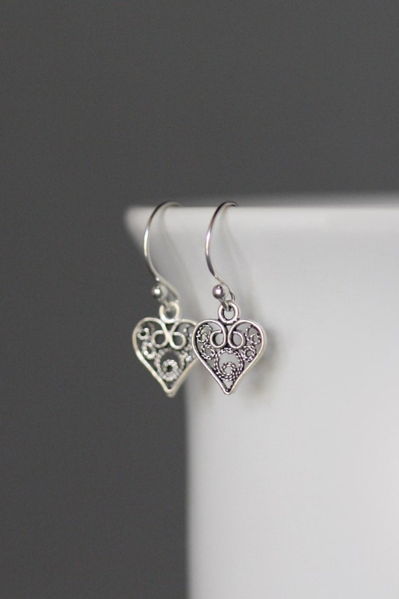 Silver Heart Earrings Silver Filigree Earrings Romantic | Etsy