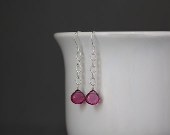 Pink Quartz Earrings - Pink Gemstone Earrings - Gemstone and Silver Earrings - Silver Chain Earrings - Long Dangle Earrings