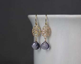 Iolite Quartz Earrings - Gold Dangles - Blue Gemstone Earrings - Gold Link Earrings - Blue and Gold Earrings - Gold Filigree Earrings