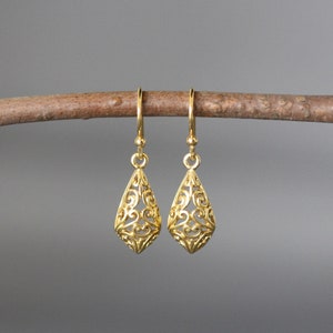 Gold Filigree Earrings - 24k Gold Vermeil Earrings - Gold Charm Earrings - Gold Dangle Earrings