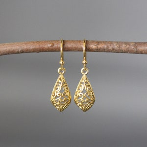 Gold Filigree Earrings - 24k Gold Vermeil Earrings - Gold Charm Earrings - Gold Dangle Earrings - Everyday Jewelry - All Gold Earrings