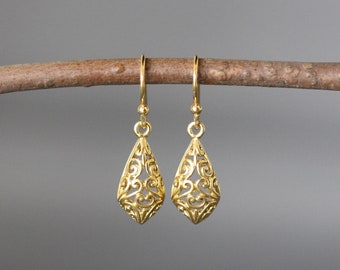 Gold Filigree Earrings - 24k Gold Vermeil Earrings - Gold Charm Earrings - Gold Dangle Earrings