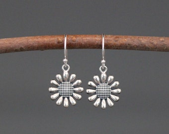 Silver Sunflower Earrings - Flower Charm Earrings - Bali Silver Earrings - Floral Earrings - Silver Dangle Earrings - Nature Jewelry