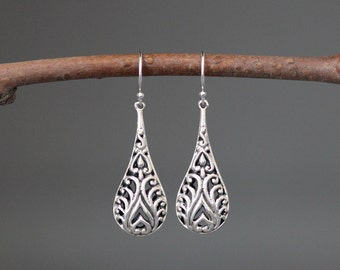 Silver Filigree Earrings - Bali Silver Earrings - Silver Teardrop Earrings - Silver Statement Jewelry - Everyday Silver Jewelry