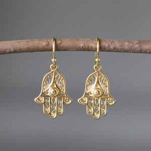 Gold Hamsa Earrings - Hand of Fatima - Judaica Jewelry - Bat Mitzvah Gift - Spiritual Jewelry - Protection Jewelry - All Gold Earrings