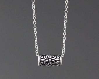 Sterling Bali Bead Necklace - Silver Filigree Pendant - Layering Jewelry