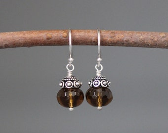 Brown Quartz Earrings - Brown Gemstone Earrings - Whiskey Quartz Earrings - Bali Silver Earrings - Silver Wire Wrapped Earrings