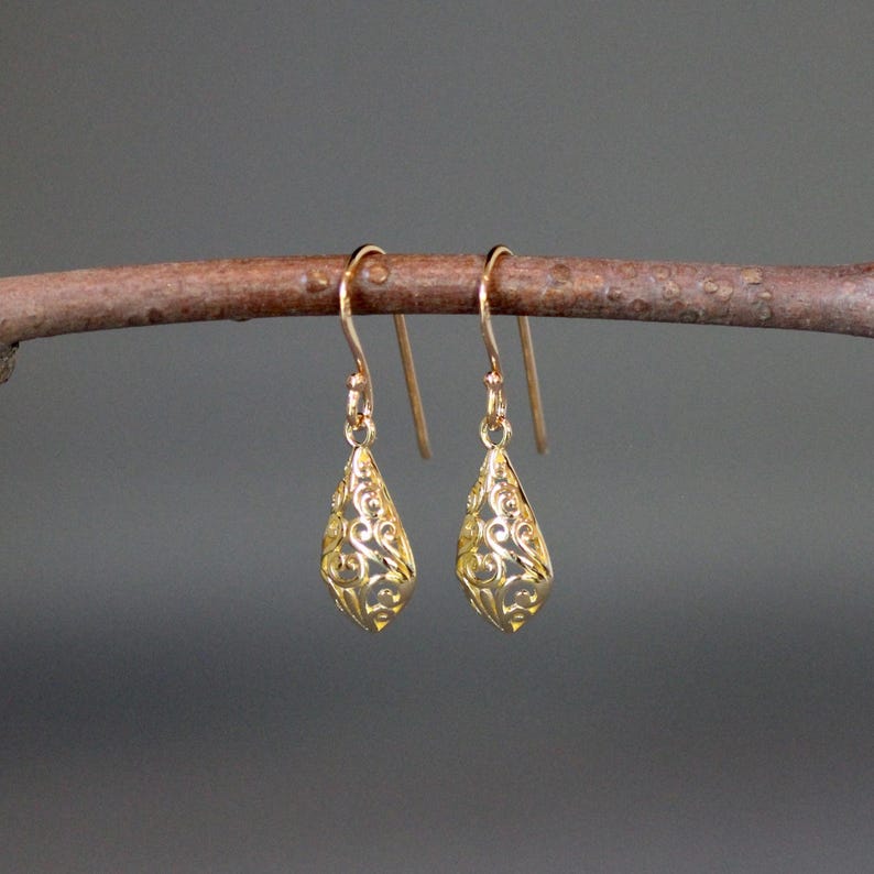 Gold Filigree Earrings - 24k Gold Vermeil Earrings - Gold Charm Earrings - Gold Dangle Earrings - Everyday Jewelry image 2