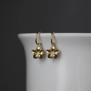 Gold Flower Earrings - Plumeria Flower Earrings - Gold Post Hoop Earrings - Gold Dangle Earrings - Flower Charm Earrings - All Gold Earrings