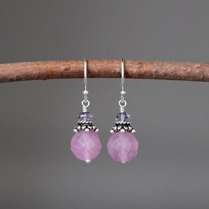 Purple Jade Earrings - Bali Silver Earrings - Purple Gemstone Earrings - Tanzanite Quartz Earrings - Silver Wire Wrapped Earwires