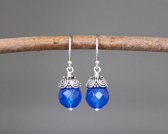 Blue Gemstone Earrings - Silver Dangle Earrings - Blue Agate Earrings - Bali Silver Earrings - Silver Wire Wrapped Earrings - Small Earrings