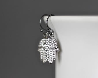Silver Hamsa Earrings - Hamsa Hand Earrings - Hand of Fatima Earrings - Gemstone Hamsa Jewelry - Pave Earrings