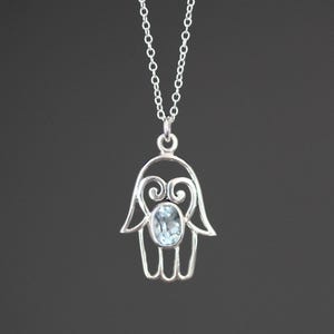 Blue Topaz Hamsa Pendant - Silver Hamsa Necklace - Gemstone Hamsa Pendant - Filigree Hamsa Pendant - Judaica Jewelry - Bat Mitzvah Gift