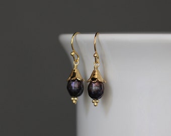 Boucles d’oreilles Black Pearl - Perle et Or - Boucles d’oreilles Noir et Or - Boucles d’oreilles Wire Wrap Gold