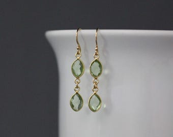 Green Peridot and Gold Earrings - Double Gemstone Dangles - Bezel Set Stone Jewelry