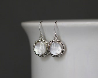 Mother of Pearl Earrings - Bali Silver Earrings - White Mother of Pearl - Pearl and Silver Earrings - Opalescent Earrings