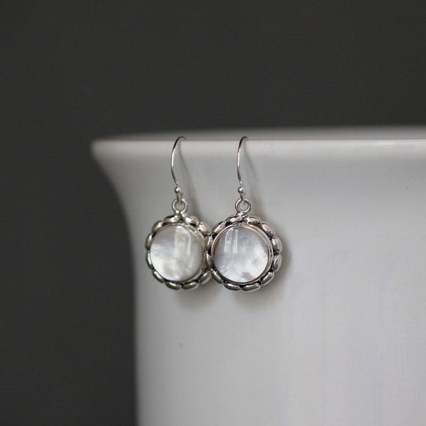 Mother of Pearl Earrings - Bali Silver Earrings - White Mother of Pearl - Pearl and Silver Earrings - Opalescent Earrings