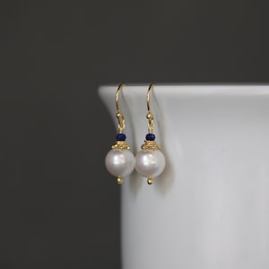 Pearl and Gemstone Earrings - Lapis and Gold Earrings - Akoya Pearl Earrings - Blue Gemstones - Pearl Dangle Earrings - Blue and White