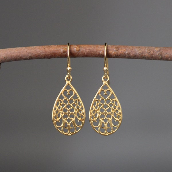 Gouden filigraan oorbellen - Gouden Teardrop Oorbellen - Lichtgewicht oorbellen - Gouden Dangle Oorbellen - 14k Gold Vermeil Oorbellen