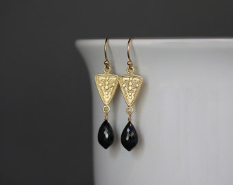 Black Spinel Earrings - Black and Gold Earrings - Gold Link Earrings - Black Gemstone Jewelry