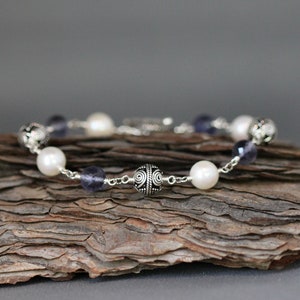 Iolite and Silver Bracelet - Multi Gem Bracelet - Pearl and Silver Bracelet - Bali Silver Bracelet - Silver Wire Wrapped Bracelet