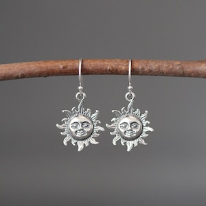 Silver Sun Earrings - Sun Face Earrings - Celestial Sun Earrings - Sun Charm Earrings - Bali Silver Earrings