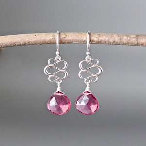 Brincos de quartzo rosa - Brincos de pedras preciosas rosa - Brincos de fúcsia - Brincos de fita - - Brincos rosa e prata - Brincos pendentes de prata