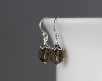 Smokey Quartz Earrings - Brown Gemstone Earrings - Bali Silver Earrings - Small Gemstone Earrings - Wire Wrapped Earrings
