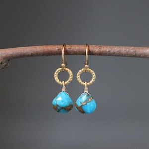 Turquoise and Gold Earrings - Copper Turquoise Earrings - Blue Turquoise Earrings - 18k Gold Earrings