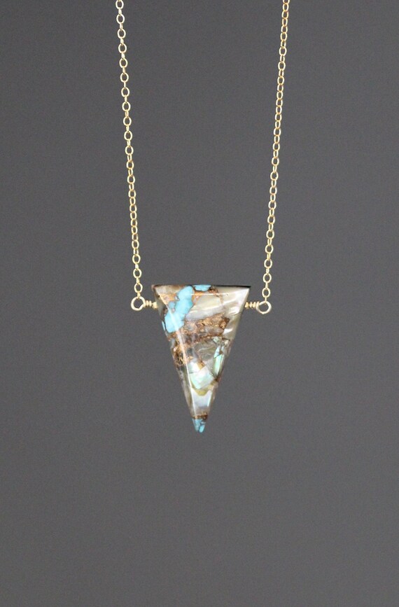 Turquoise Pendant Necklace - Turquoise and Gold Necklace - Triangle Pendant - Bronze Abalone Necklace - Gold Wire Wrapped Necklace