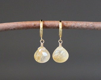 Gold Rutilated Quartz Earrings - Gold Gemstone Earrings - Gold Hoop Earrings - Gold Wire Wrapped Earrings - Gold Huggie Earrings