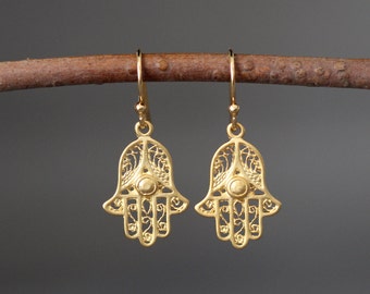 Gold Hamsa Earrings - Hamsa Hand Earrings - Gold Hamsa Jewelry - Hand of Fatima Earrings -  - Symbolic Jewelry - 18k Gold Vermeil