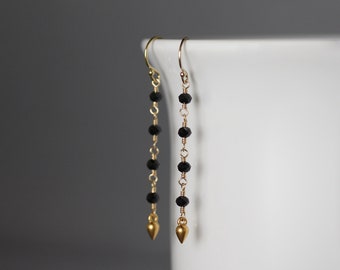 Black Spinel Earrings - Black and Gold Earrings - Matte Gold Earrings - Long Earrings - Gold Wire Wrapped Earrings