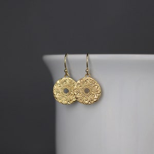 Gold Mandala Earrings Round Gold Earrings Gold Coin Earrings 18k Gold Vermeil Earrings Gold Charm Earrings image 3