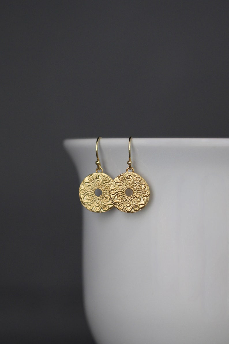 Gold Mandala Earrings Round Gold Earrings Gold Coin Earrings 18k Gold Vermeil Earrings Gold Charm Earrings image 3