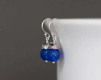 Blue Gemstone Earrings - Silver Dangle Earrings - Blue Agate Earrings - Bali Silver Earrings - Silver Wire Wrapped Earrings