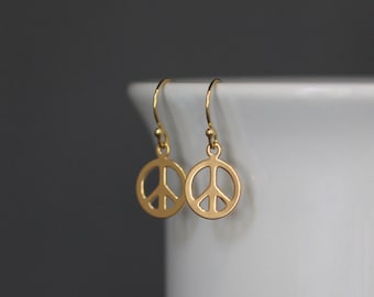 Peace Sign Earrings - Peace Charm Earrings - Gold Peace Signs - Minimalist Gold Earrings - Peace Charm Jewelry - All Gold Earrings