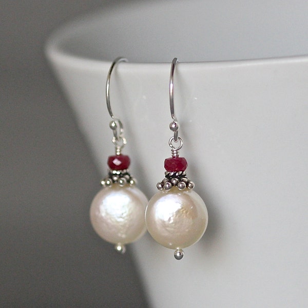 Coin Pearl Earrings - Bali Silver Earrings - Ruby Earrings - July Birthstone - Bridal Jewelry - Silver Wire Wrapped Earrings - Birthday Gift