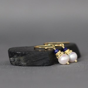 Lapis and Gold Earrings - Pearl and Gemstone Earrings - Blue Gemstone Earrings - Akoya Pearl Earrings - Pearl and Gold Earrings