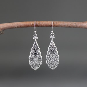 Silver Filigree Earrings - Silver Teardrop Earrings - Bali Silver Earrings - Silver Dangle Earrings - All Silver Earrings - Boho Earrings