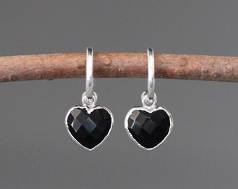 Onyx and Silver Earrings - Silver Heart Earrings - Black and Silver - Heart Charm Earrings - Black Gemstone Earrings - Post Dangle Earrings