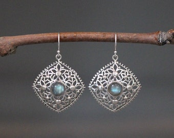 Labradorite and Silver Earrings - Labradorite Gemstone Earrings - Silver Filigree Earrings - Bali Silver Earrings - Large Silver Earrings