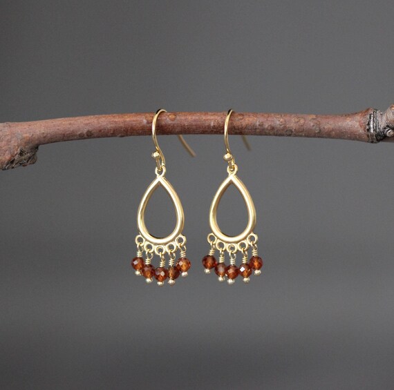Hessonite Garnet Earrings - Orange Gemstone Earrings - Gold Chandelier Earrings - Garnet and Gold Earrings - Gold Wire Wrapped Earrings