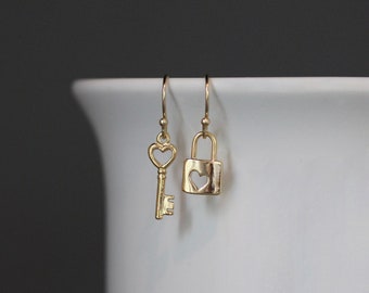 Lock and Key Earrings - Gold Lock and Key - Heart Charm Earrings - Key to My Heart Jewelry - Romantic Jewelry