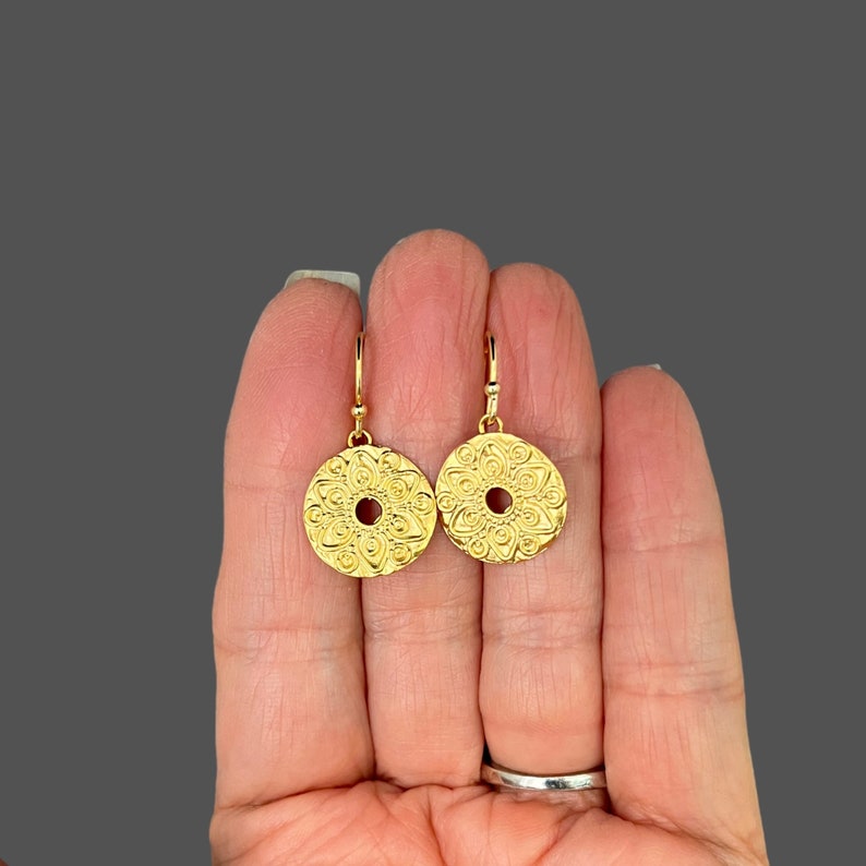 Gold Mandala Earrings Round Gold Earrings Gold Coin Earrings 18k Gold Vermeil Earrings Gold Charm Earrings image 6