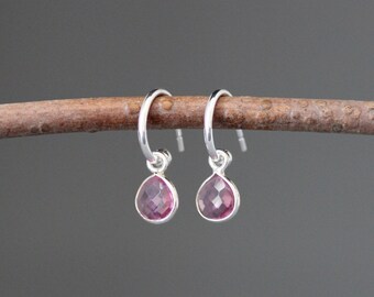 Pink Quartz Earrings - Silver Post Hoops - Pink Gemstone Earrings - Post Dangle Earrings - Silver Charm Earrings