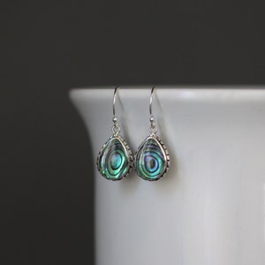 Abalone Earrings - Bali Silver Earrings - Paua Shell Earrings - Rainbow Shell Earrings - Silver Teardrop Earrings