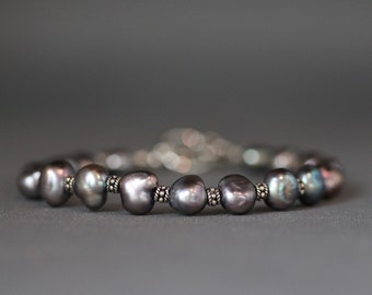 Gray Pearl Bracelet - Pearl and Silver Bracelet - Bali Silver Bracelet - Pearl Wedding Bracelet - Gray and Silver - Irregular Pearls