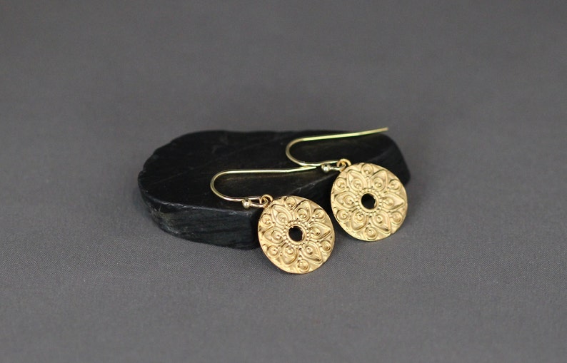 Gold Mandala Earrings Round Gold Earrings Gold Coin Earrings 18k Gold Vermeil Earrings Gold Charm Earrings image 5