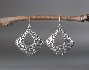 Silver Filigree Earrings - Bali Silver Earrings - Large Silver Earrings - Silver Statement Jewelry - Geometric Earrings